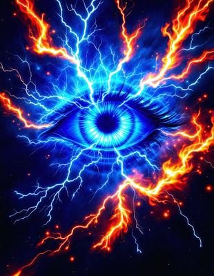 The primary subject of the image is a close-up of a blue eye with a yellow background. The eye is surrounded by a vibrant blue and yellow lightning bolt pattern, creating a striking visual effect. The setting appears to be a digital art or illustration, with the eye being the focal point of the composition. The colors and mood of the image are energetic and dynamic, with the blue eye and yellow lightning bolt pattern evoking a sense of power and intensity.
